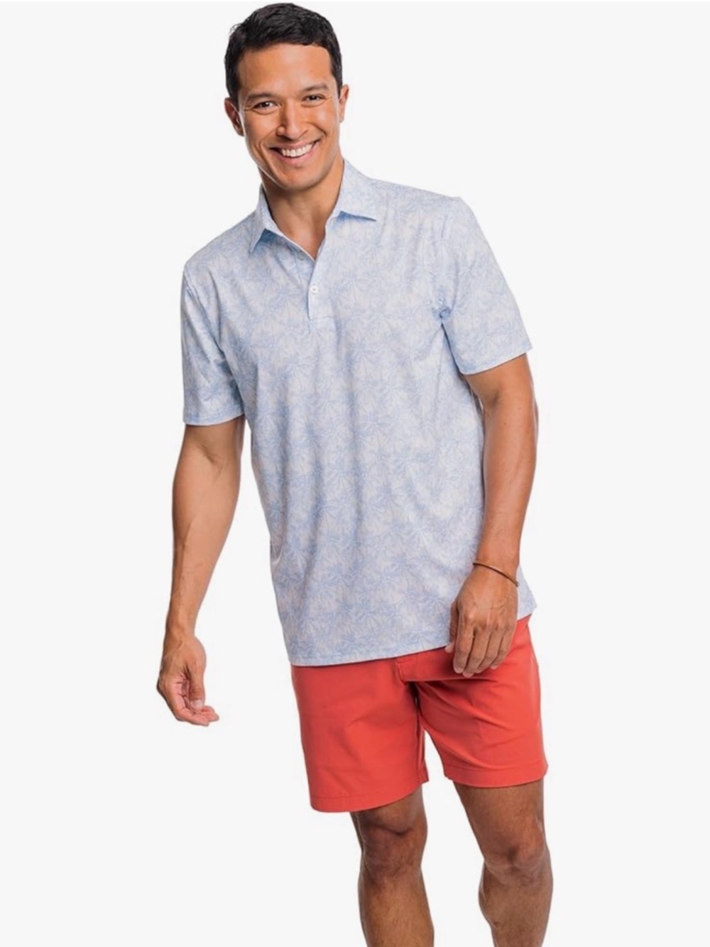 Southern Tide Light Blue Palm-Print Short Sleeve Polo